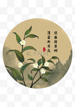 茶树素材图片_手绘绿色茶树茶花插画