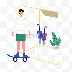滑板车插画图片_手绘卡通滑板车下雨插画
