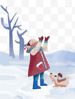小孩与图片_立冬雪地看雪的小孩与狗