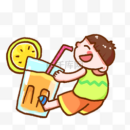 可爱西瓜图案图片_夏天喝汽水解暑的男孩手绘插画