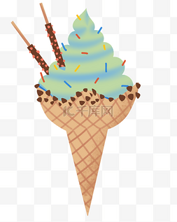 扁平风冰淇淋图片_夏日手绘扁平风抹茶糖霜冰淇淋