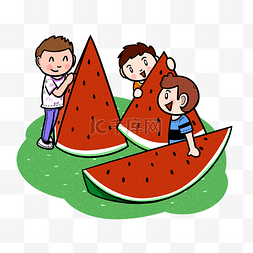 卡通人吃水果图片_卡通儿童夏天吃大块西瓜png透明底