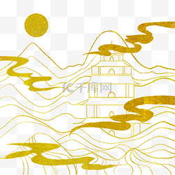 金色线描山水图片_线描山水云纹塔楼