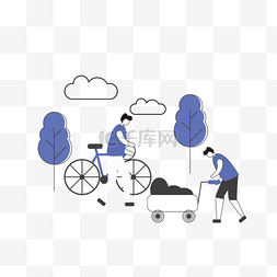 板车图片_蓝色手绘自行车环保插画