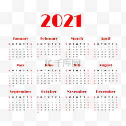 新年日历矢量图片_2021 calendar 红黑新年牛年日历排版