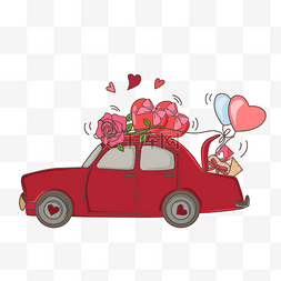 鲜花玫瑰礼物图片_情人节汽车气球鲜花礼物矢量图