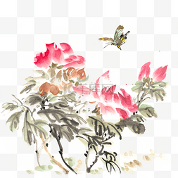 鲜花与蝴蝶水墨画PNG免抠素材