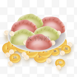 翡翠的图片_一盘彩色的饺子和铜钱