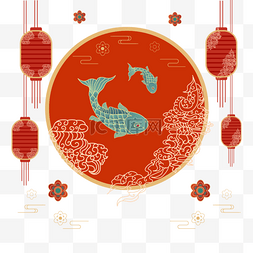 红色绿色中国节日灯笼鲤鱼花纹
