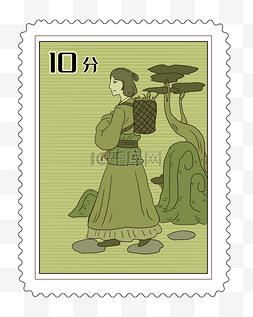 背篓卡通图片_背篓的女孩邮票插画
