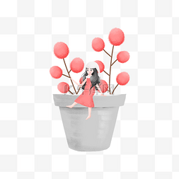 红色的植物和可爱的女孩