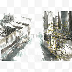 古镇建筑手绘图片_水墨画水乡的春天