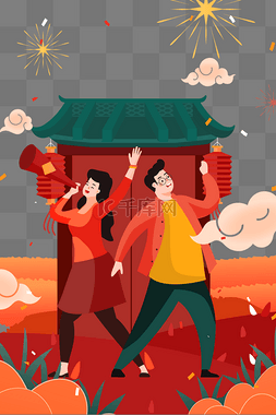 灯笼图片_新年春节红色系新年古建筑人物烟