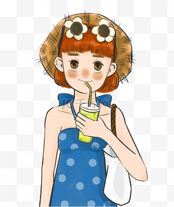 戴草帽的女孩图片_夏季喝果汁的女孩酷暑