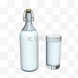 玻璃瓶牛奶和一杯牛奶