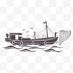 卡通打渔图片_渔船捕鱼剪影矢量图