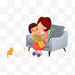 宠物抱枕图片_妈妈抱着女孩在看书免抠图