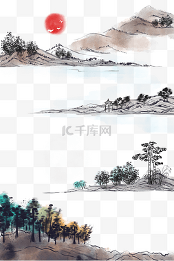 山水毛笔画图片_水墨山水风景边框装饰图