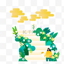 绿色楼梯插画图片_手绘春天阶梯游玩采摘花朵插画