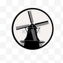 旅行黑白剪影图片_城市剪影荷兰风车黑白免扣