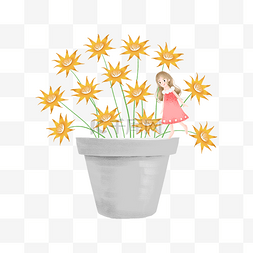 儿童卡通橙色图片_夏季盛开的橙色花朵和可爱的女孩