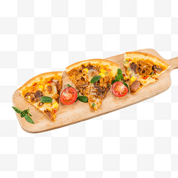 西萨图片_木板上切成块的牛肉披萨饼
