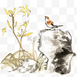 花与石头图片_水墨画黄色花与小鸟