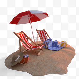 红色海边图片_海边沙滩椅3d元素夏天