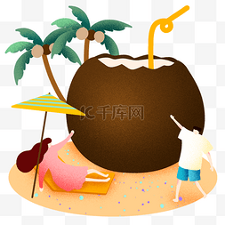 沙滩元素插画图片_夏季椰子沙滩插画