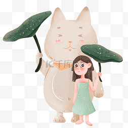 猫和女孩图片_卡通猫和女孩拿着荷叶遮雨
