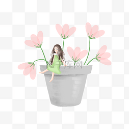 坐在花盆上的绿衣女孩