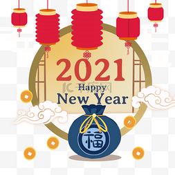 新年快乐复古图片_2021金色圆窗灯笼装饰韩国新年快