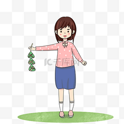 夏季玩耍女孩图片_端午节拿着粽子的女孩手绘插画