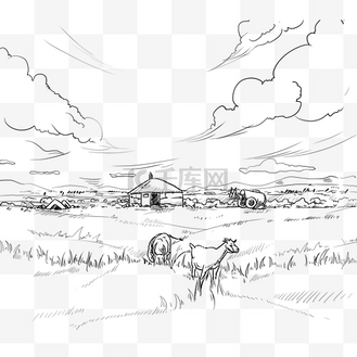 线描草原蒙古包羊群