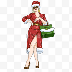 手绘优雅女孩图片_圣诞节服装模特女孩红色绿色手绘