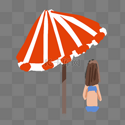 手绘卡通伞下的女人夏季海边免抠