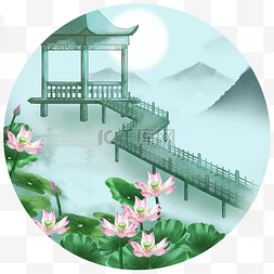 古风山水场景图片_古风建筑凉亭荷花