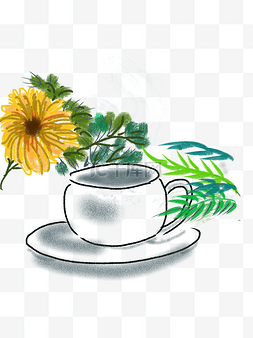 黄花与茶杯水墨画