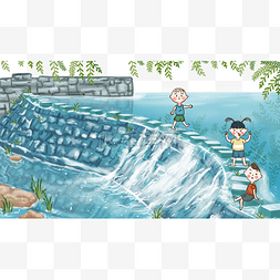 夏季儿童风景石头河水