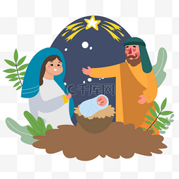 耶稣降临图片_nativity scene扁平风圣诞节植物装饰