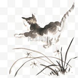 意境背景素材图片_小猫与兰草水墨画PNG免抠素材