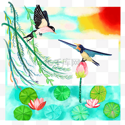 夏季荷塘背景图片_清明节燕子垂柳荷塘边框手绘免抠