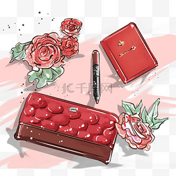 购物包图片_红色香水袋化妆品时尚单品花手绘