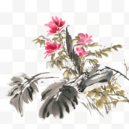 花卉与芭蕉叶水墨画PNG免抠素材