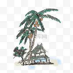 中国风彩色插画图片_水墨夏天椰子树手绘插画