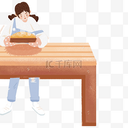 手绘卡通坐在桌子前的女孩免扣元