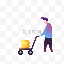 黄色的金币图片_卡通男孩推车子免抠图