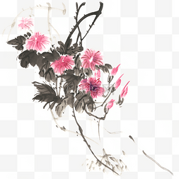 红色锦葵花水墨画PNG免抠素材