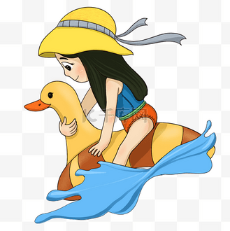夏季戏水蓝黄色系手绘插画风玩水女生水浪小黄鸭黄帽子