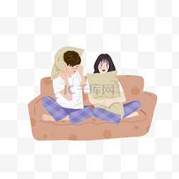 坐在沙发休息的小情侣手绘png免抠